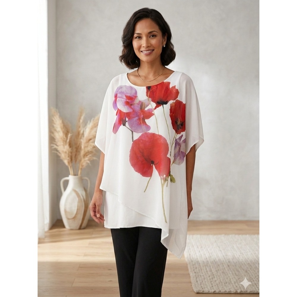 Ulla Popken chiffon Poncho Blouse Top 16/18 Plus Size White Red Floral Poppy